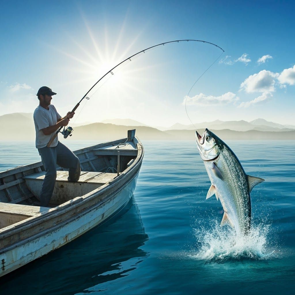 A calm fisherman poised on the bow of a worn wooden boat, backlit by a brilliant sun, with a taut fishing rod arcing dow...