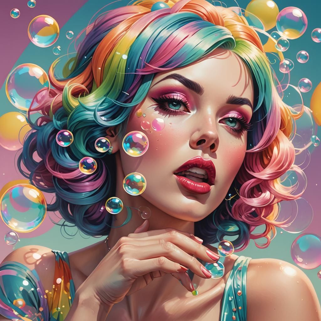 Rainbow Haired Pinup Model in Pop Art Style