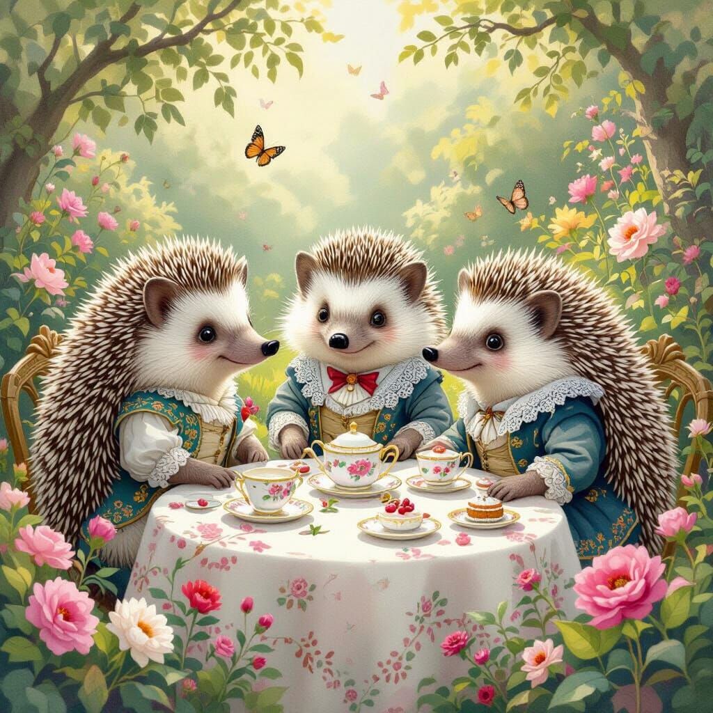 Victorian Hedgehog Tea Party in Pastel Colors