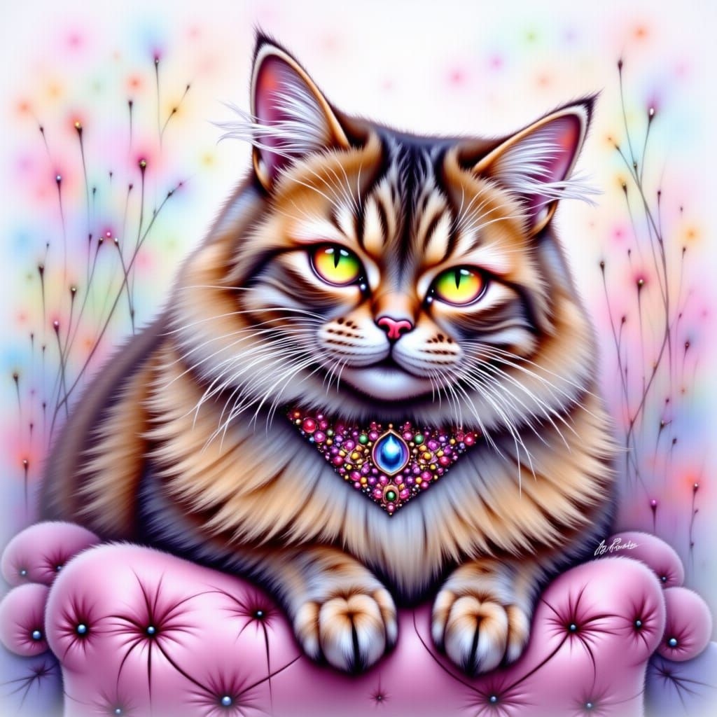 Persian Cat with Jeweled Collar on Pillow in Watercolor Styl...