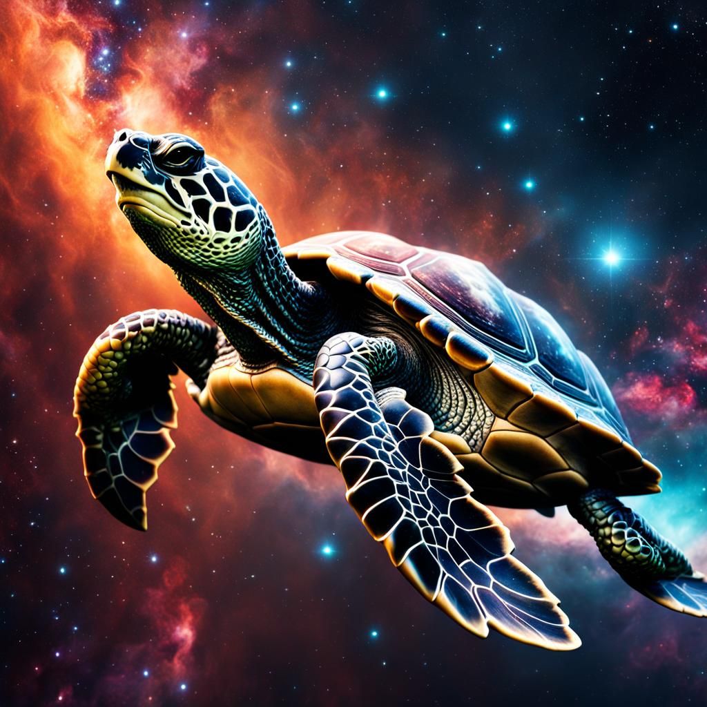 Turtle in Space: Hyperrealistic Nebula Portrait
