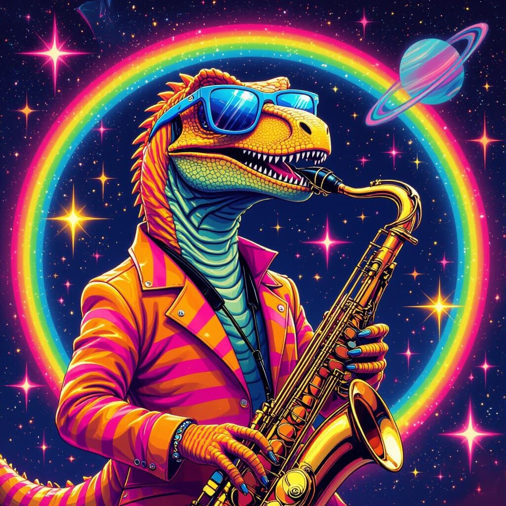 Neon Velociraptor Plays Saxophone in Psychedelic Dreamscape