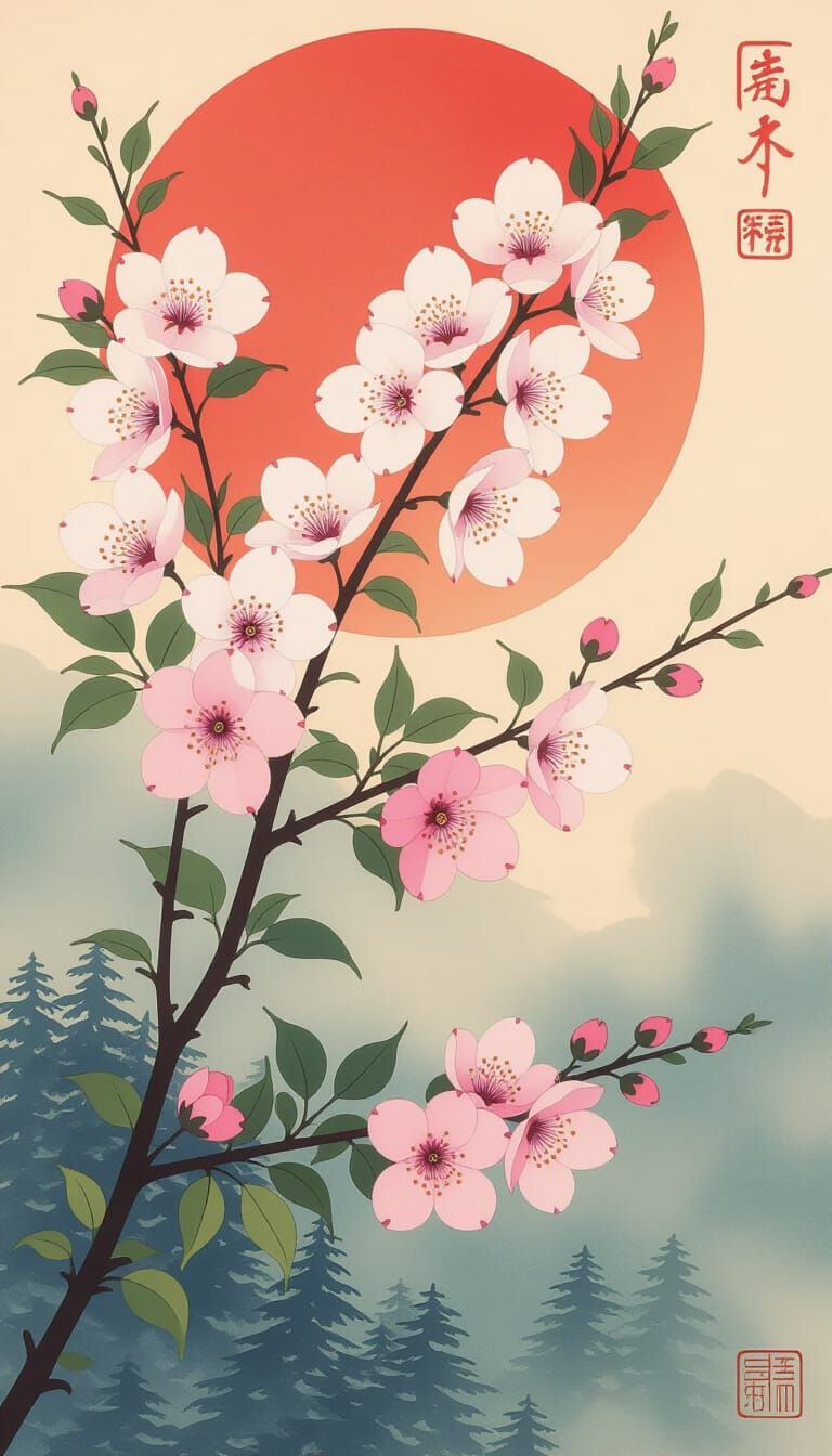 Sakura Cherry Blossom Branch in Watercolor Sunset Style