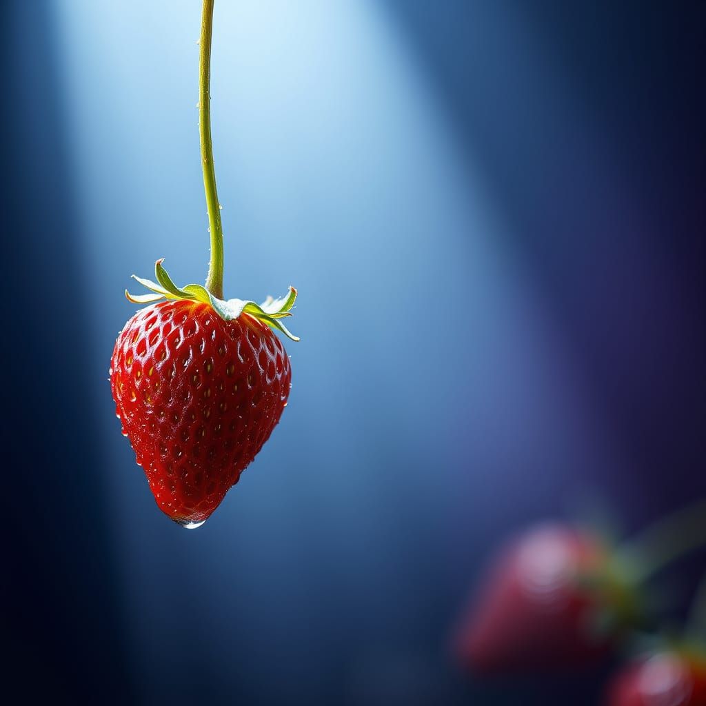 Strawberry Suspended in Air, Hyperrealistic Still Life