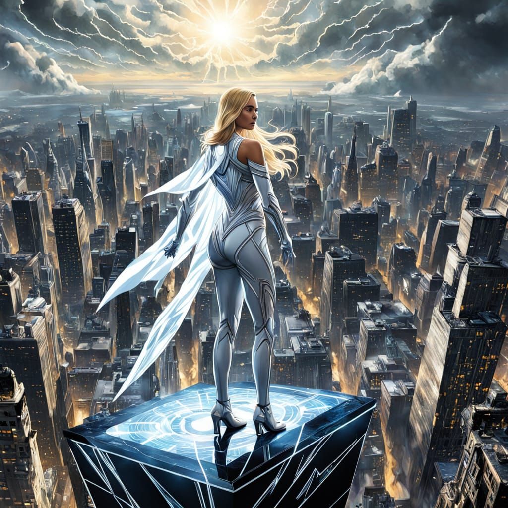 Emma Frost in Diamond Form, Psychic Energy, Stormy Cityscape