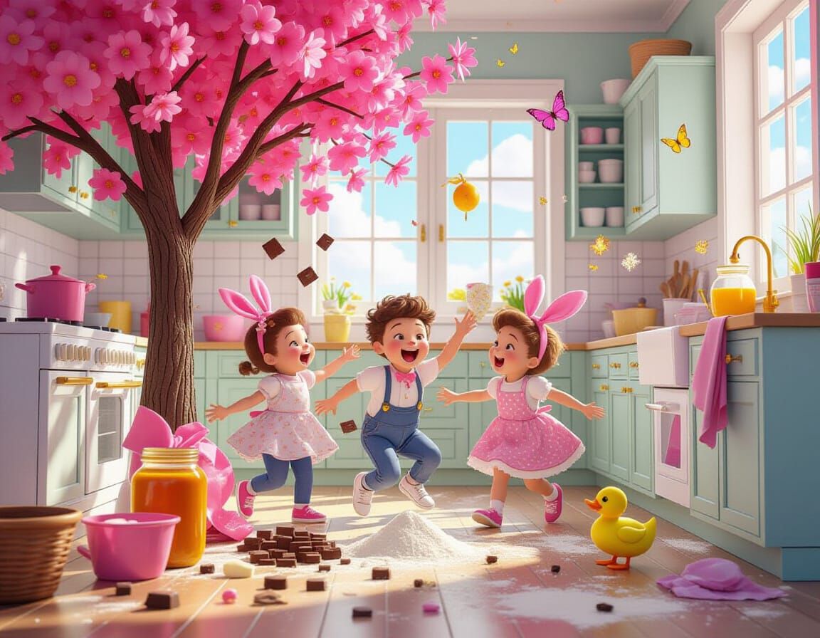 Joyful Kitchen Scuffle in Sunny Spring Light