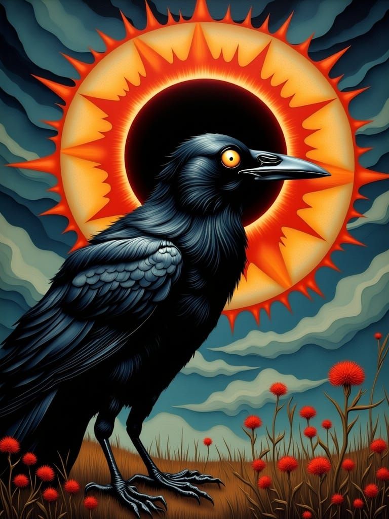 Crow Caricature with Black Sun Eclipse, Color Print Art