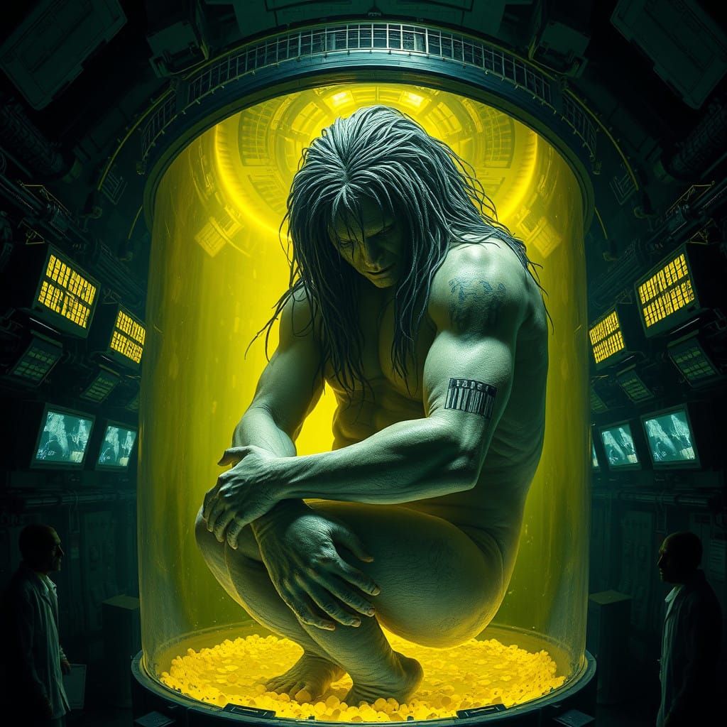 Towering Humanoid in Transparent Cylinder Radiates Dark Aura