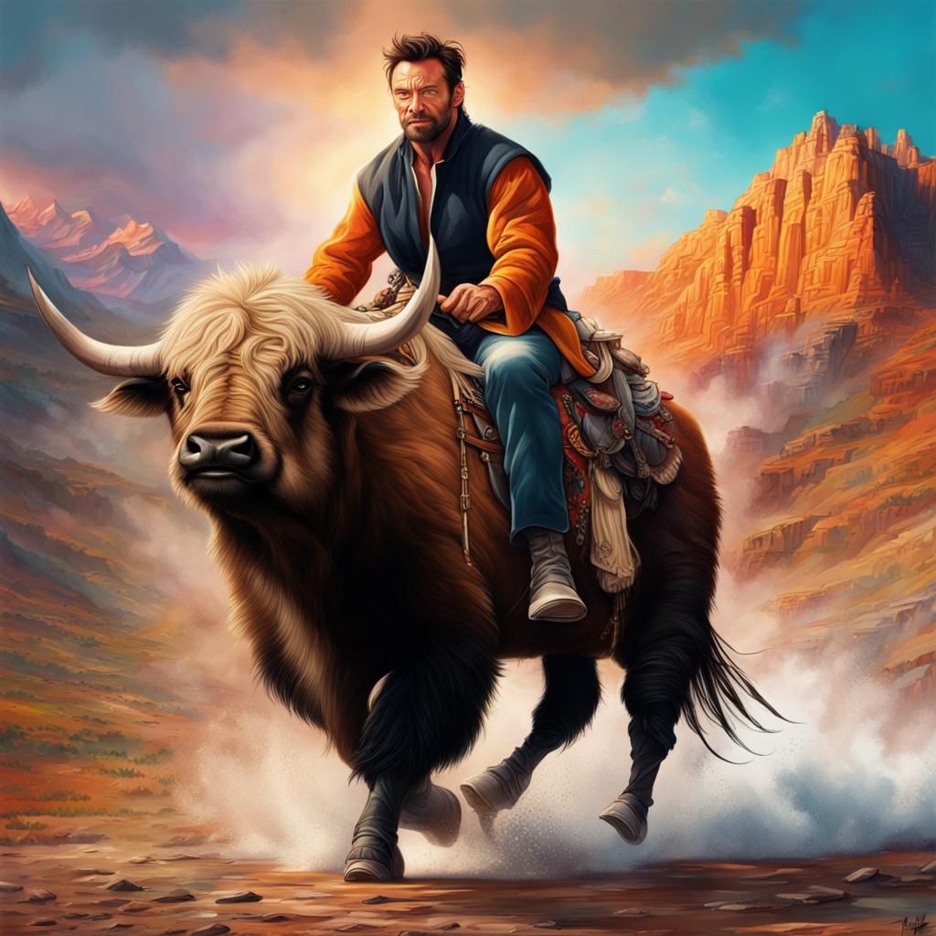 Hugh Jackman Rides a Yak: Hyperrealistic Splash Art
