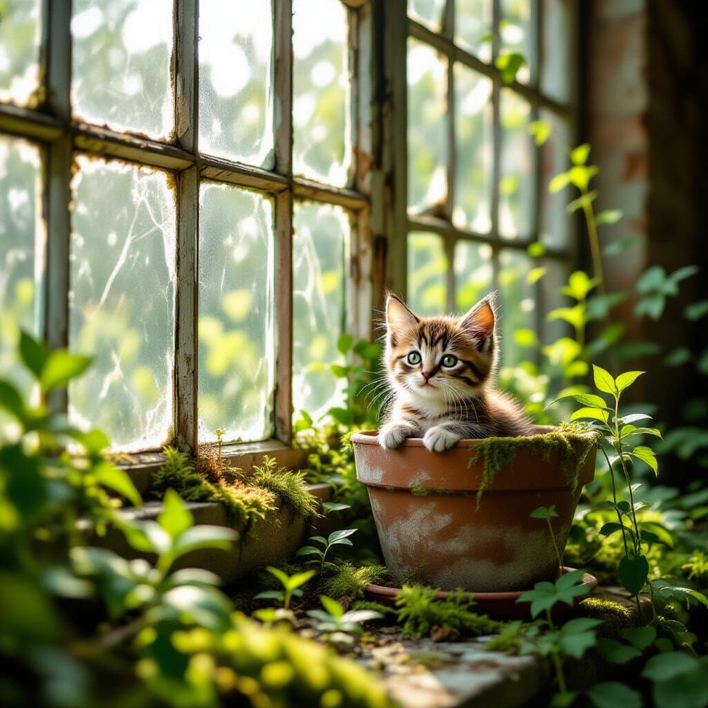 Kitten in Overgrown Victorian Greenhouse, Urban Photography ...