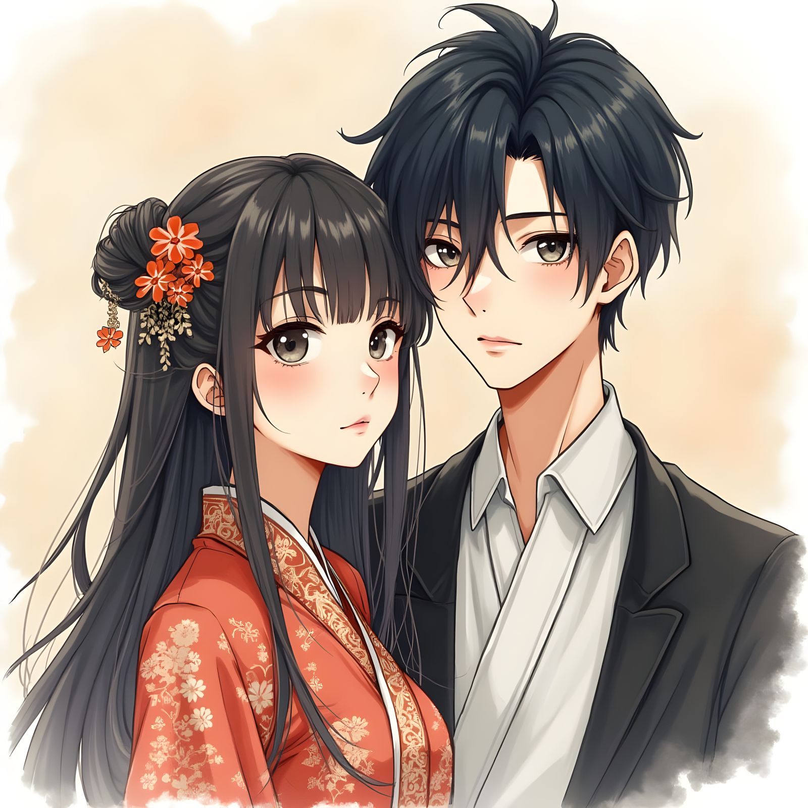 Anime Couple in Watercolor and Charcoal Style