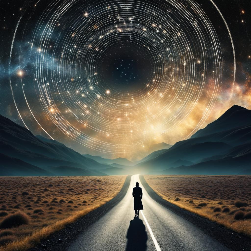 Lonely Figure on Road Amidst Celestial Data