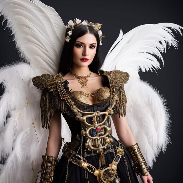 Beautiful Steampunk Angel with Feathered Dress