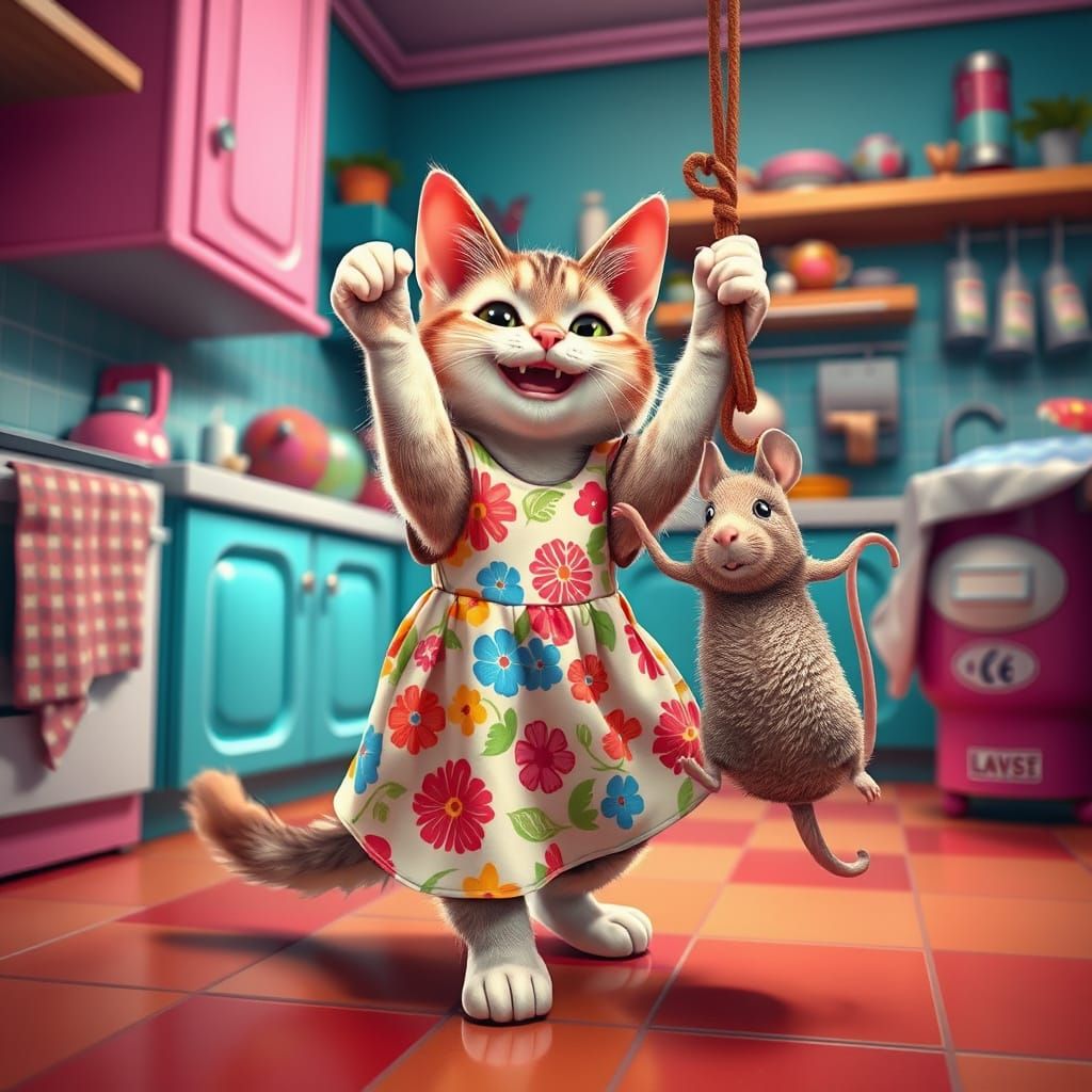 Whimsical Cat Swings Mouse in Candy Art Style