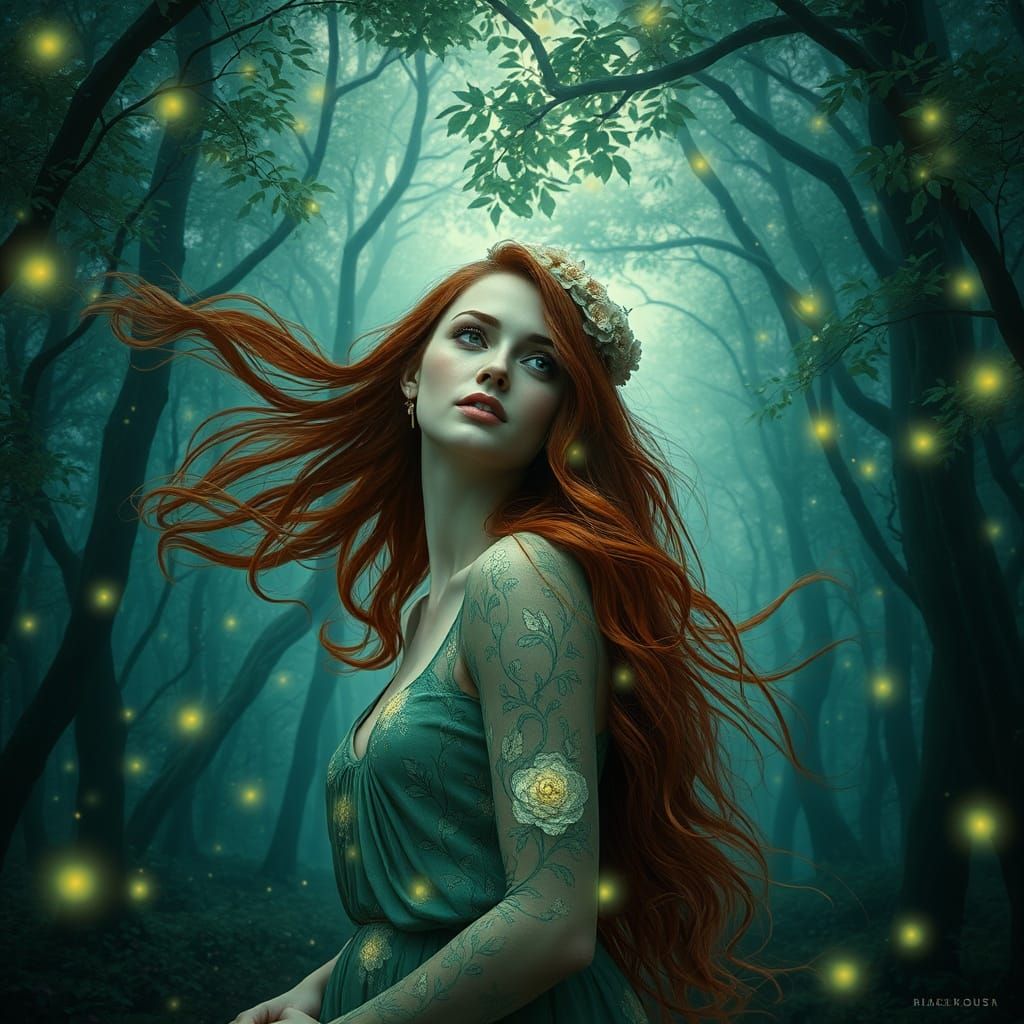 Bioluminescent Beauty in Ethereal Grove: Art Nouveau Style