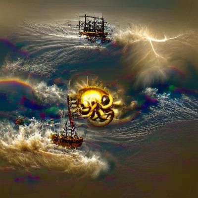 Steampunk Kraken Attacks Pirate Ship in Storm