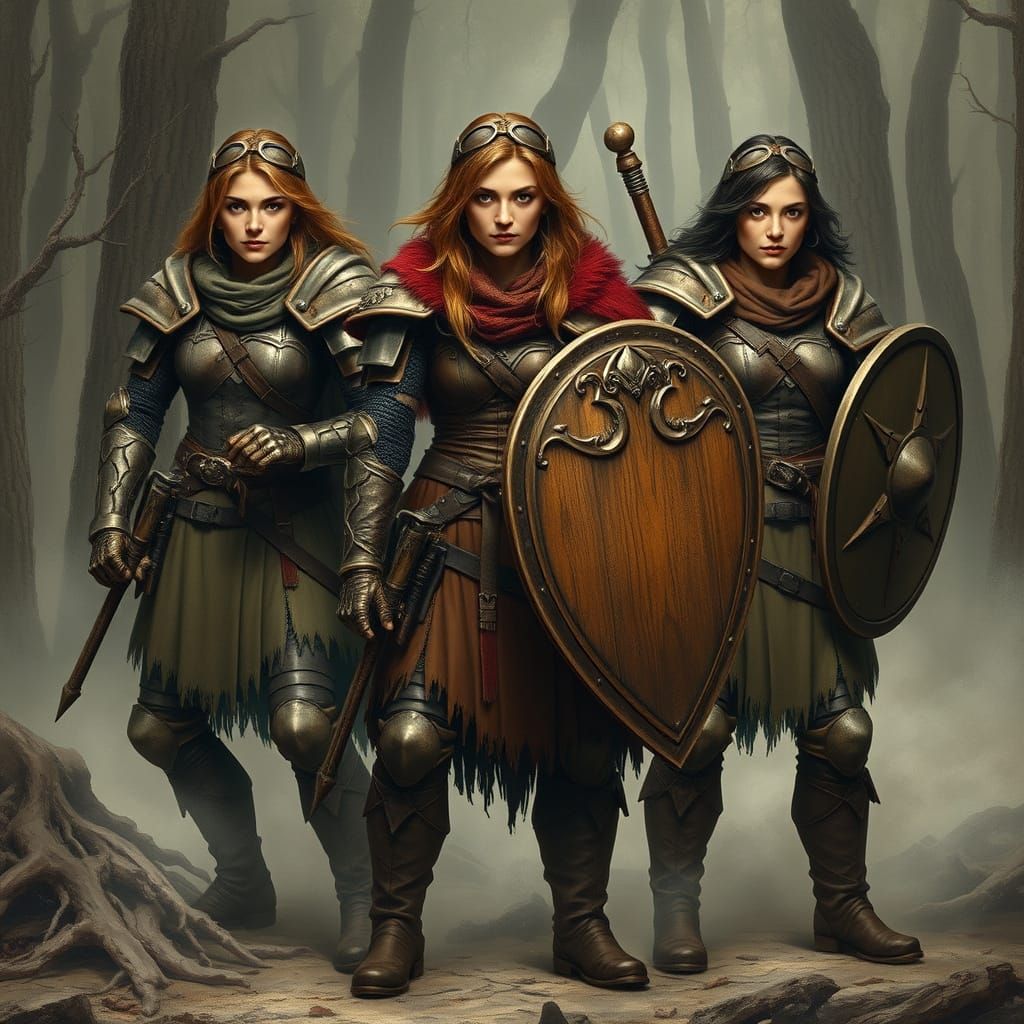 Three Women Warriors in Mystical Forest, in Dark Fantasy Sty...