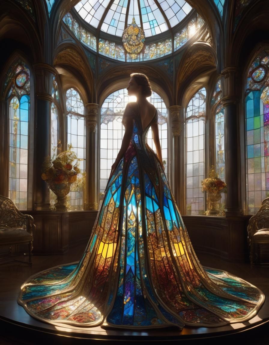 Stained Glass Woman in Radiant Dress