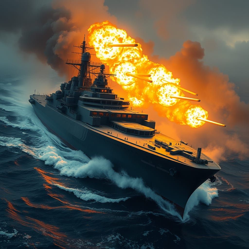 Colossal Battleship Destroyer in Turbulent Ocean with Lazer ...