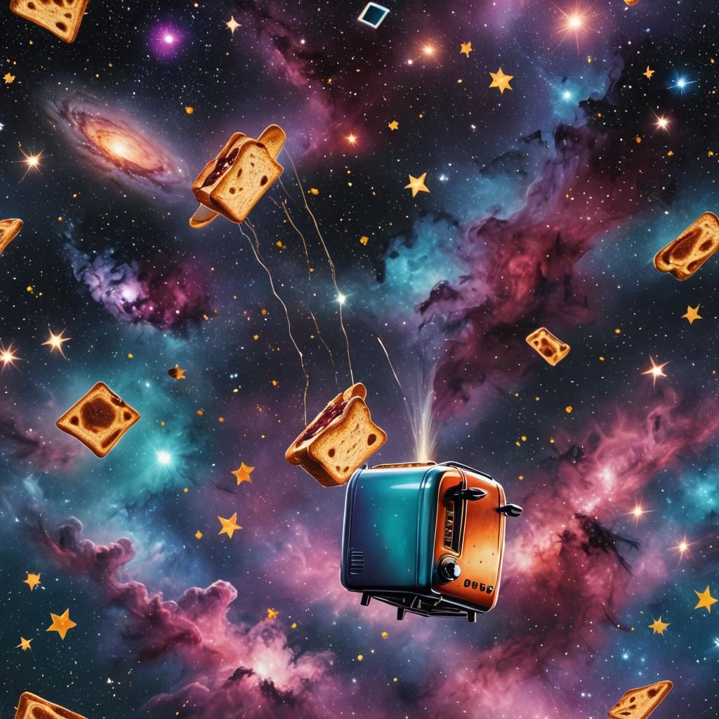Toaster defying gravity, floating amidst a cosmos backdrop o...