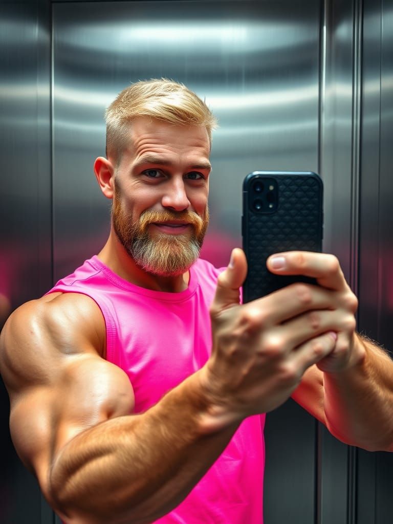 Muscular Man's Neon Pink Elevator Selfie