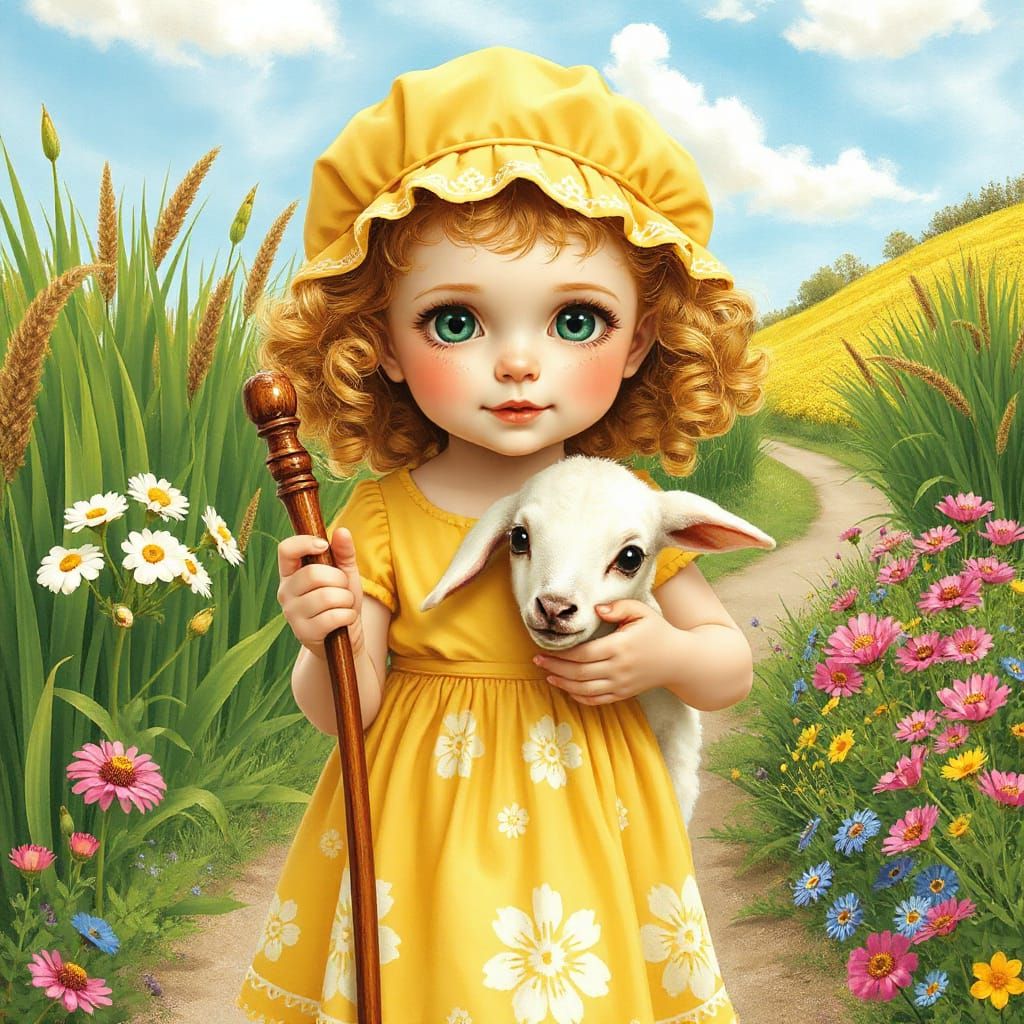 Little Girl with Curly Blonde Ringlets and Pet Lamb in Whims...