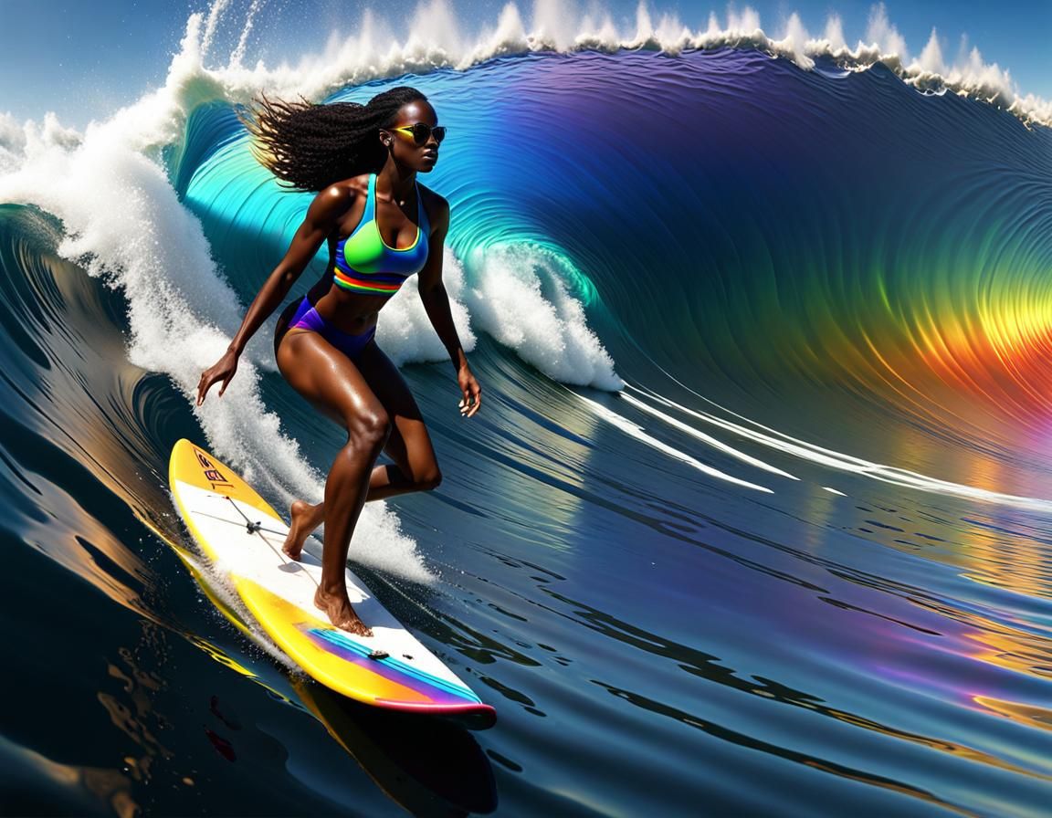 Girl Surfing Rainbow Wave in Golden Hour Lighting