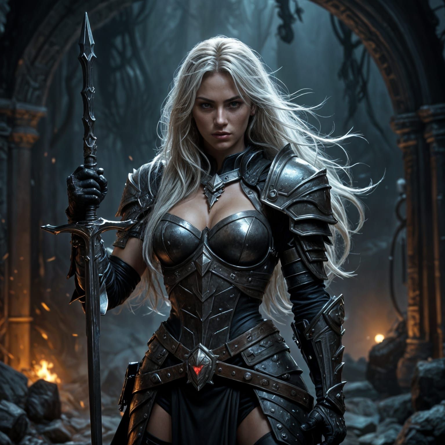 Female Warrior Guarding Underworld Entrance in Dark Fantasy ...