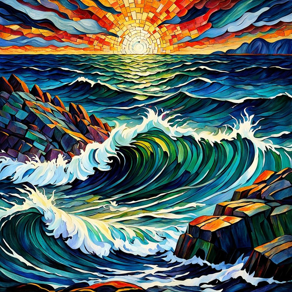 Expressionist Seascape Mosaic with Mermaid