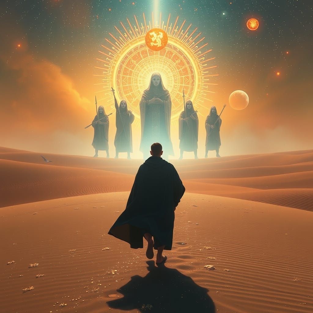 Mystical Figure Walking Towards Cosmic Band