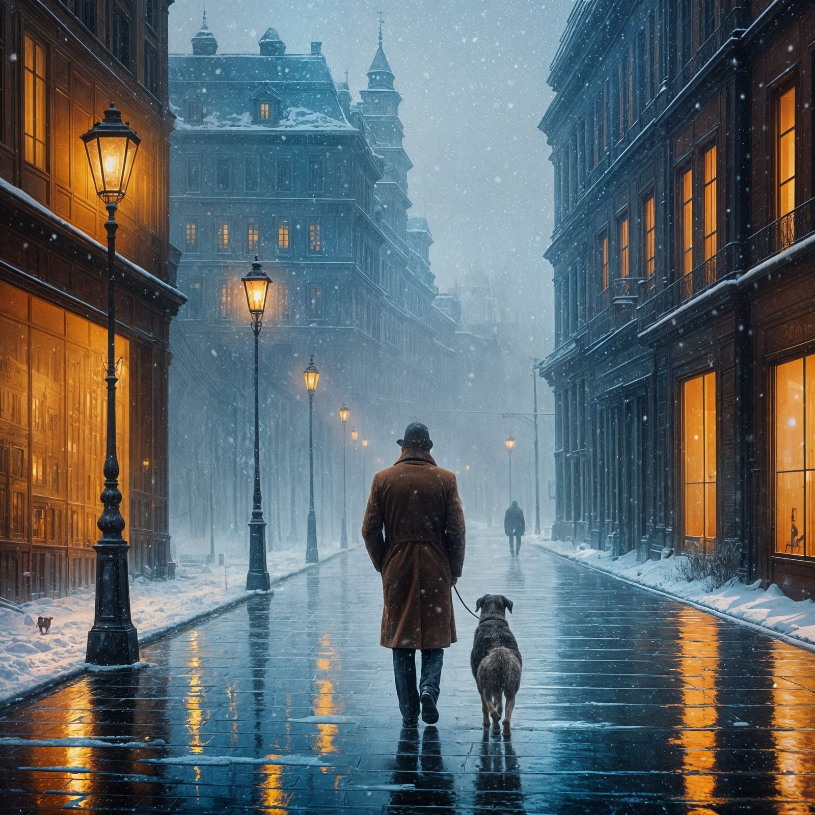 Neo-Impressionist Gentleman Walks Dog Through Snowy City Str...