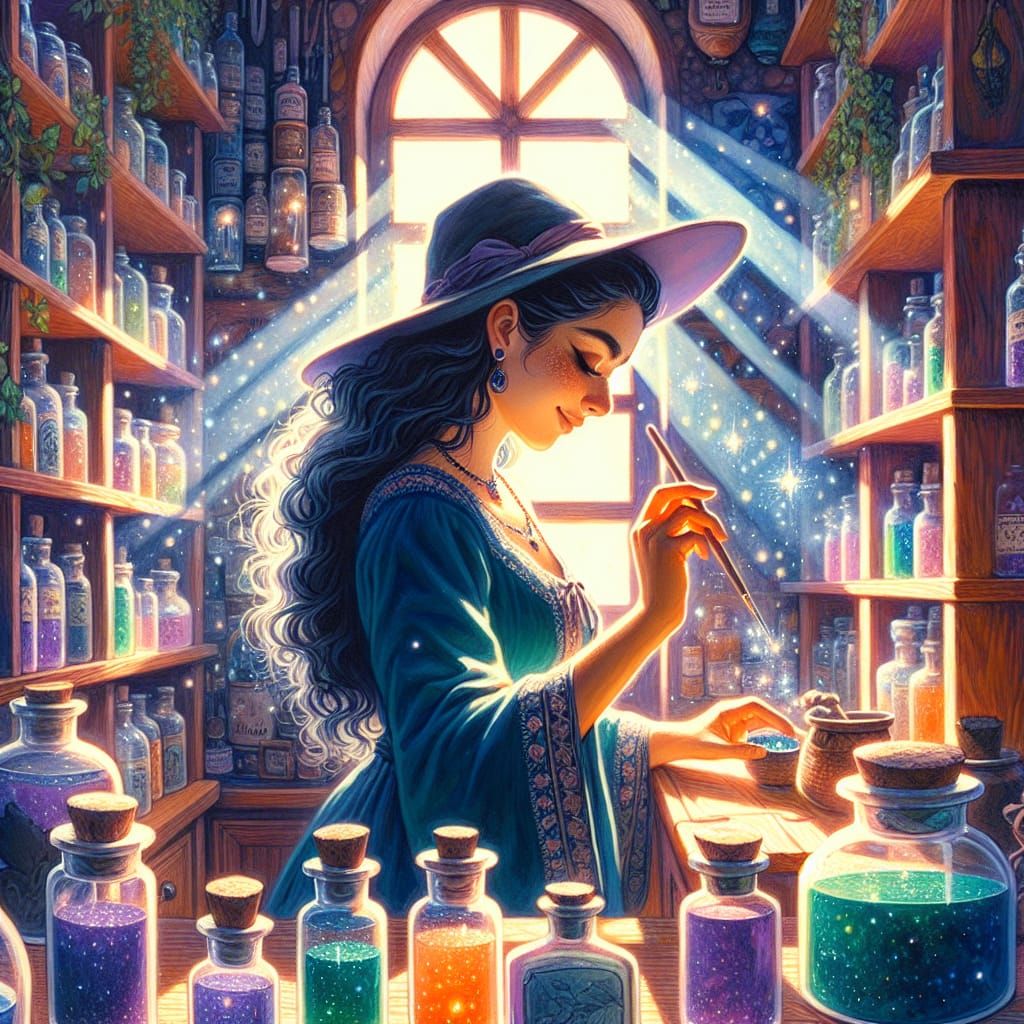 Charming Witch Creating Potions in Gouache Style