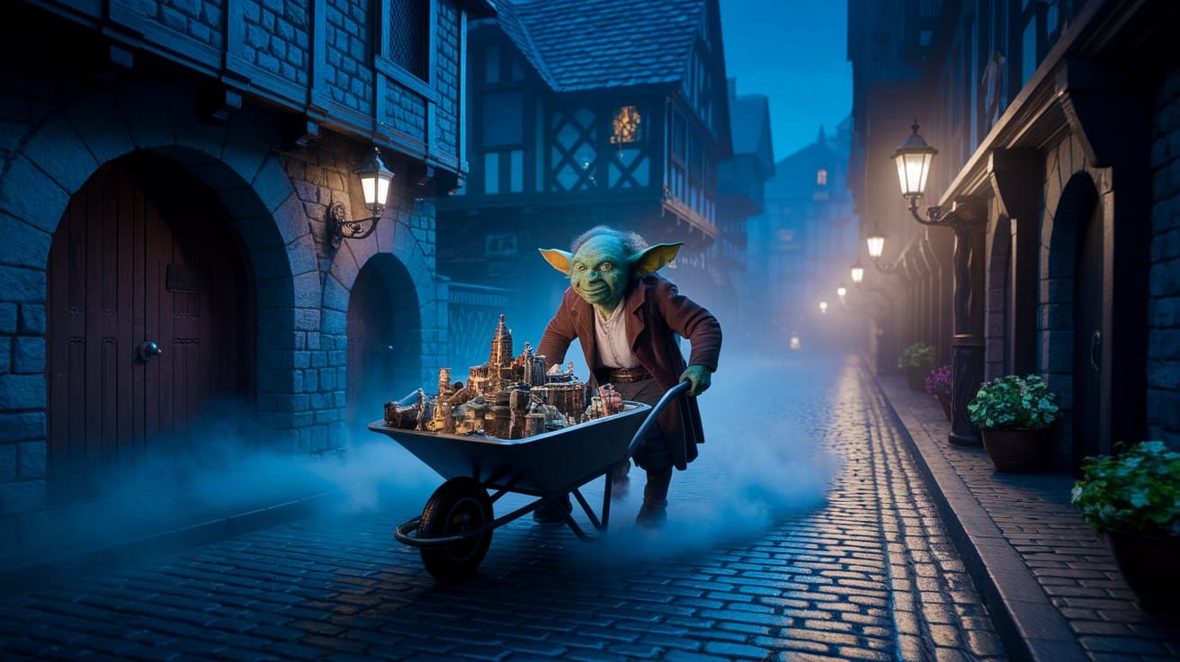 Goblin Hauling Treasure Through Misty Medieval Town