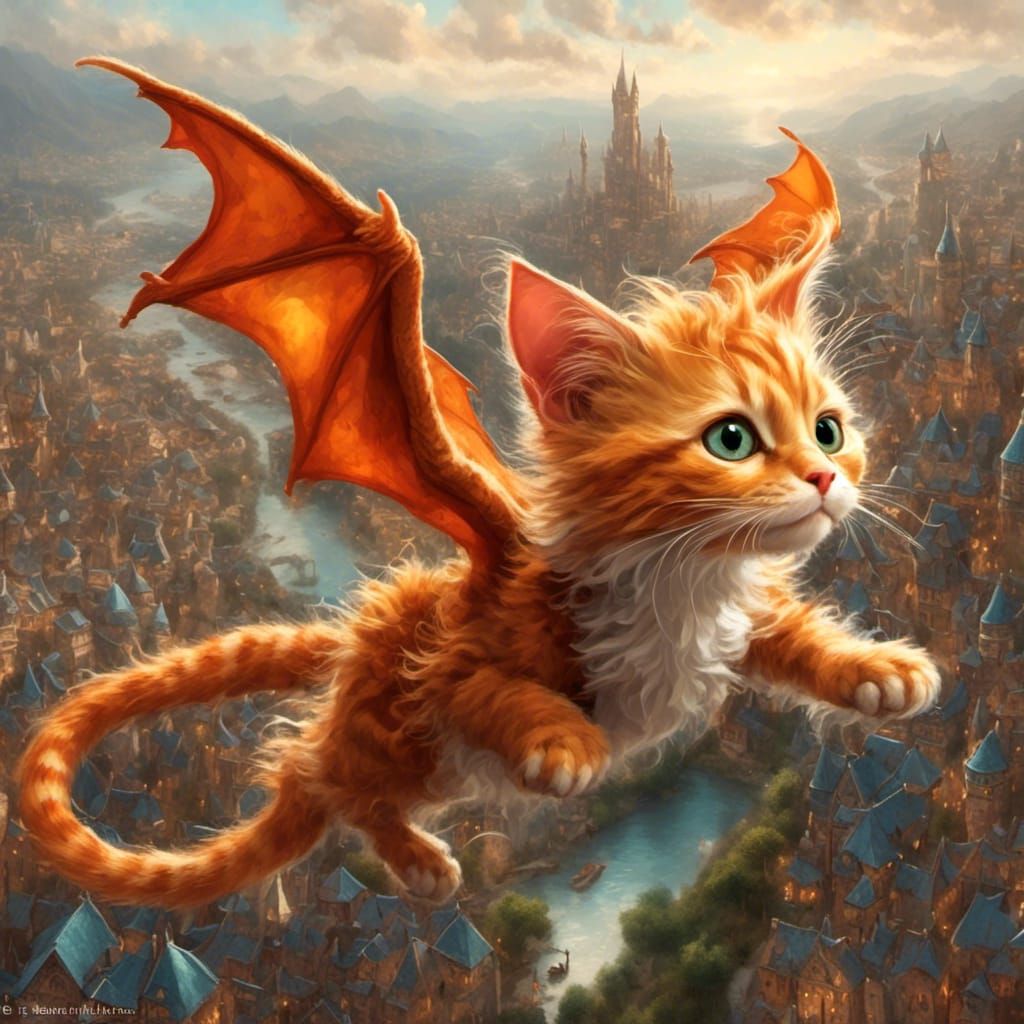 Fluffy Ginger Cat Dragon Flies Over Fantasy City