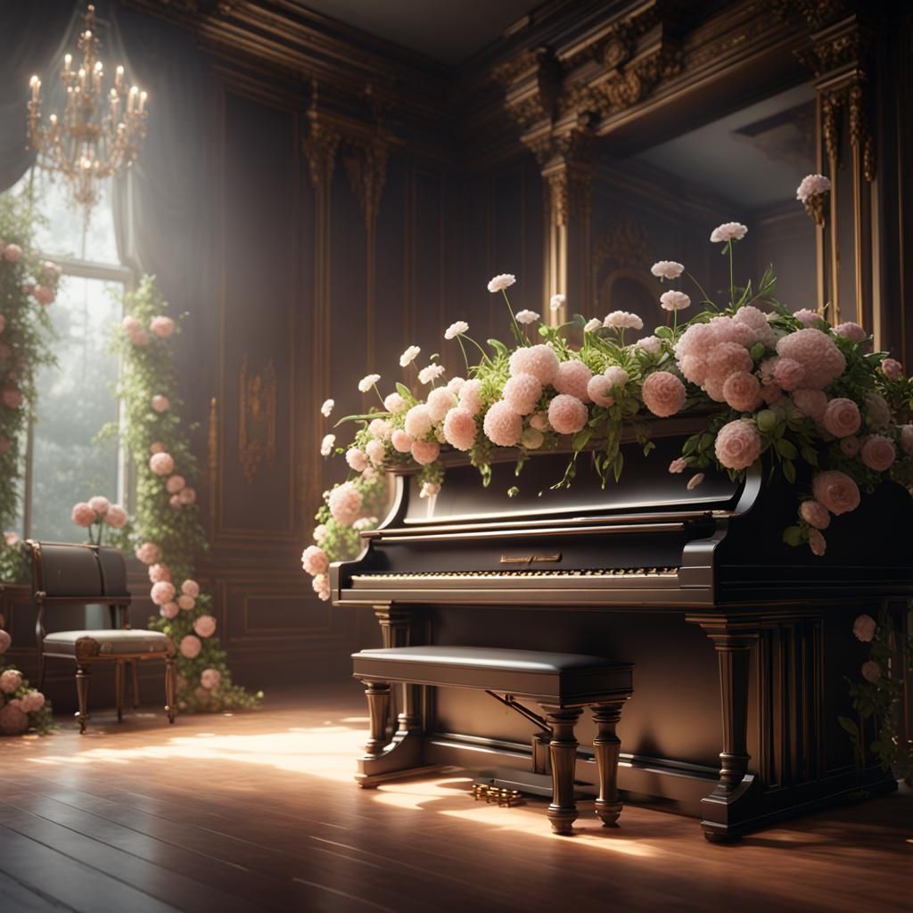 Piano with Flowers in 3D Cinematic Style