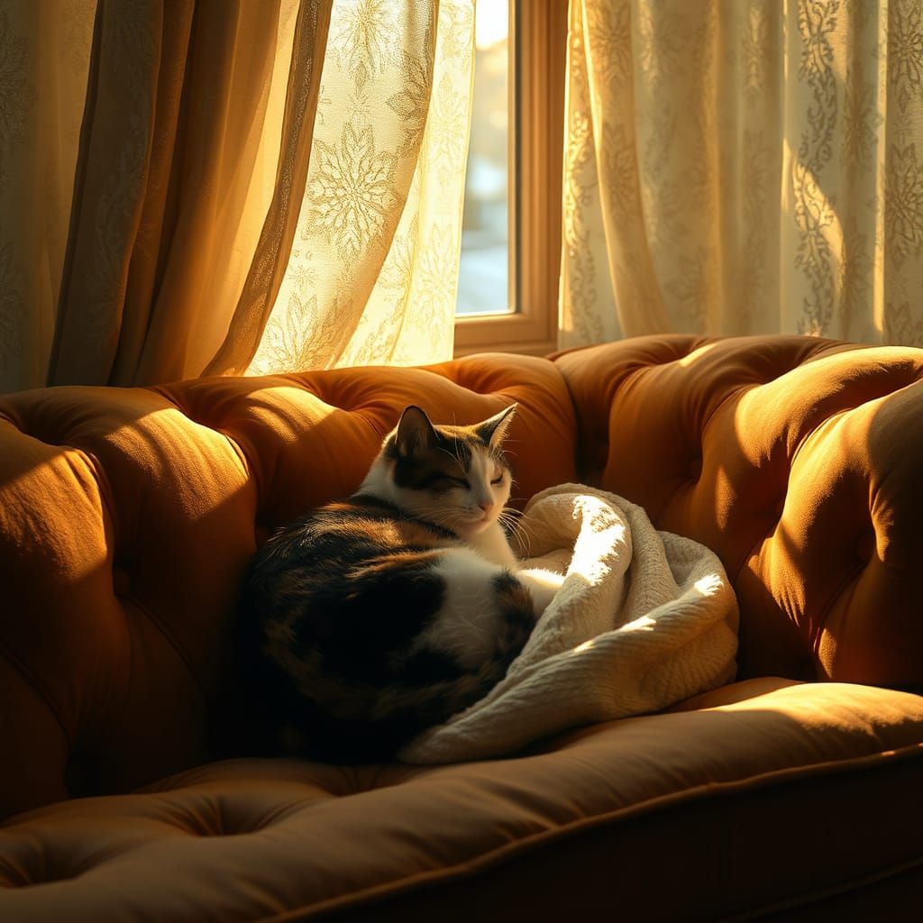 Calico Cat Nap on Velvet Sofa
