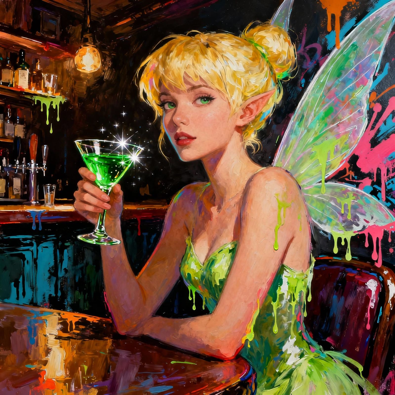 Tinkerbell-like Woman Drinks Absinthe in Graffiti Bar