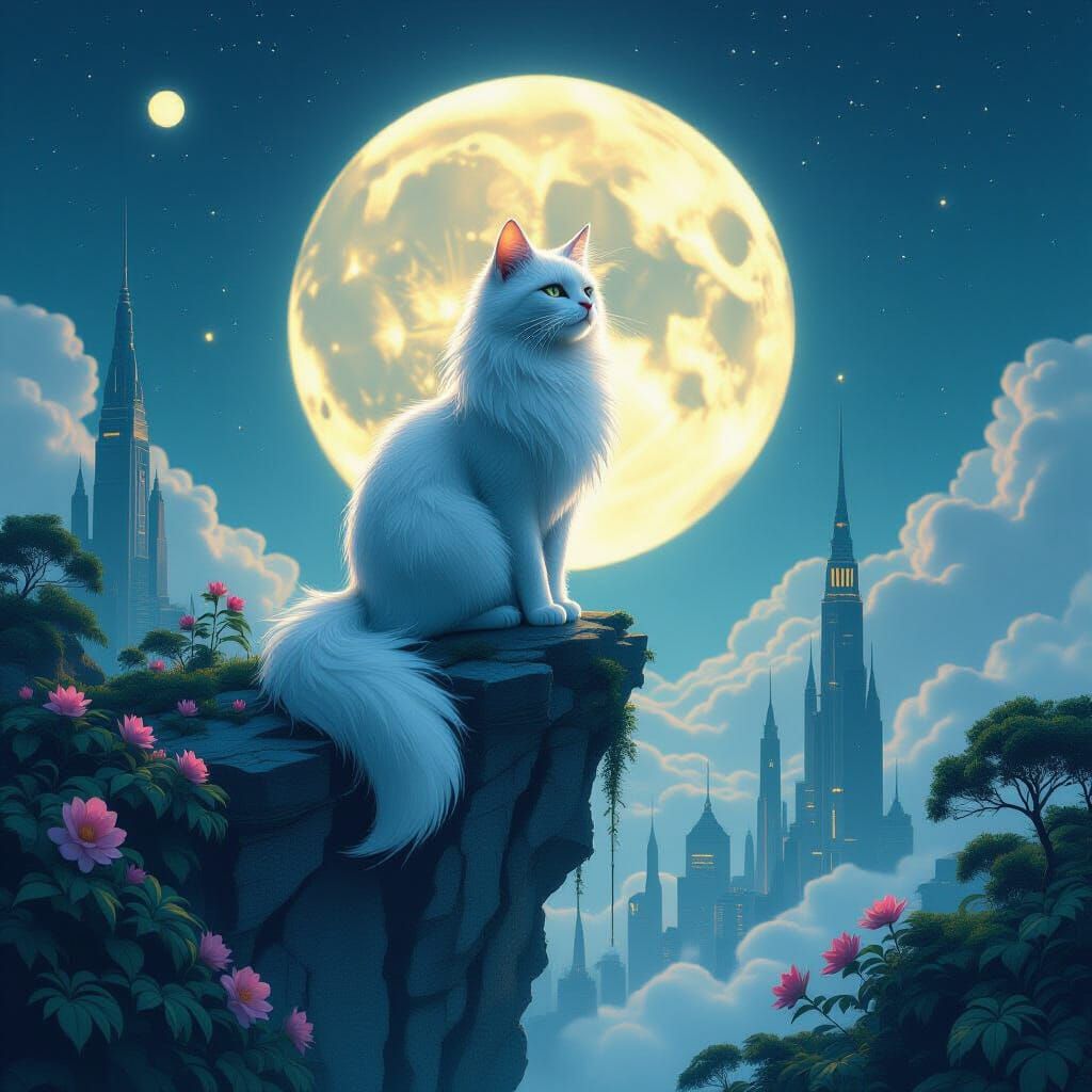 Ethereal Moonlit Cat on Sky Temple Fragment Above Alien City