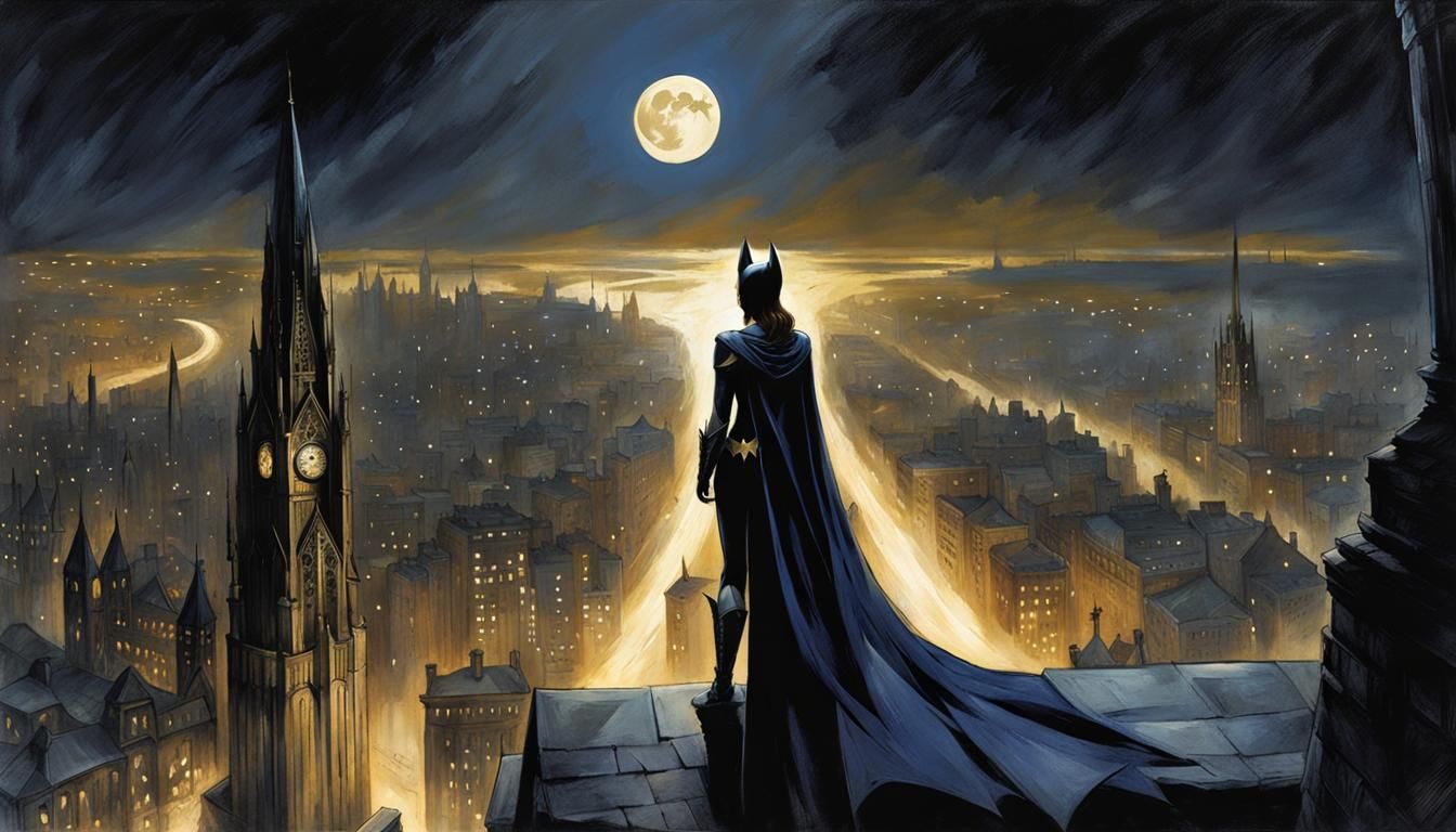 Batgirl Watches Over Gotham in Fantasy Art Style