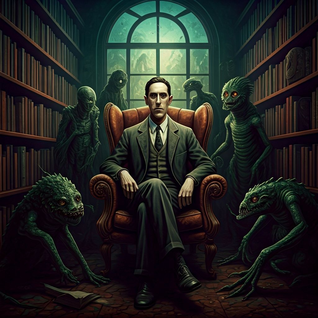 Lovecraft Surrounded by Creatures: Hyperrealistic Digital Ar...