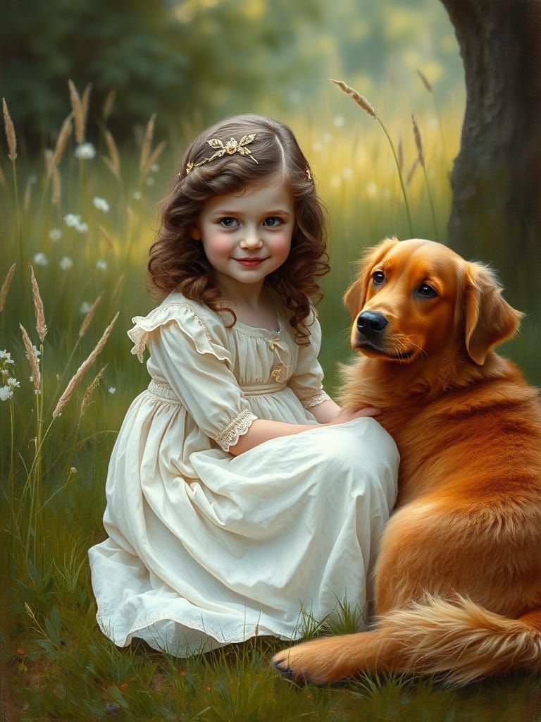 Girl and Dog in Meadow, Ethereal Oil Painting