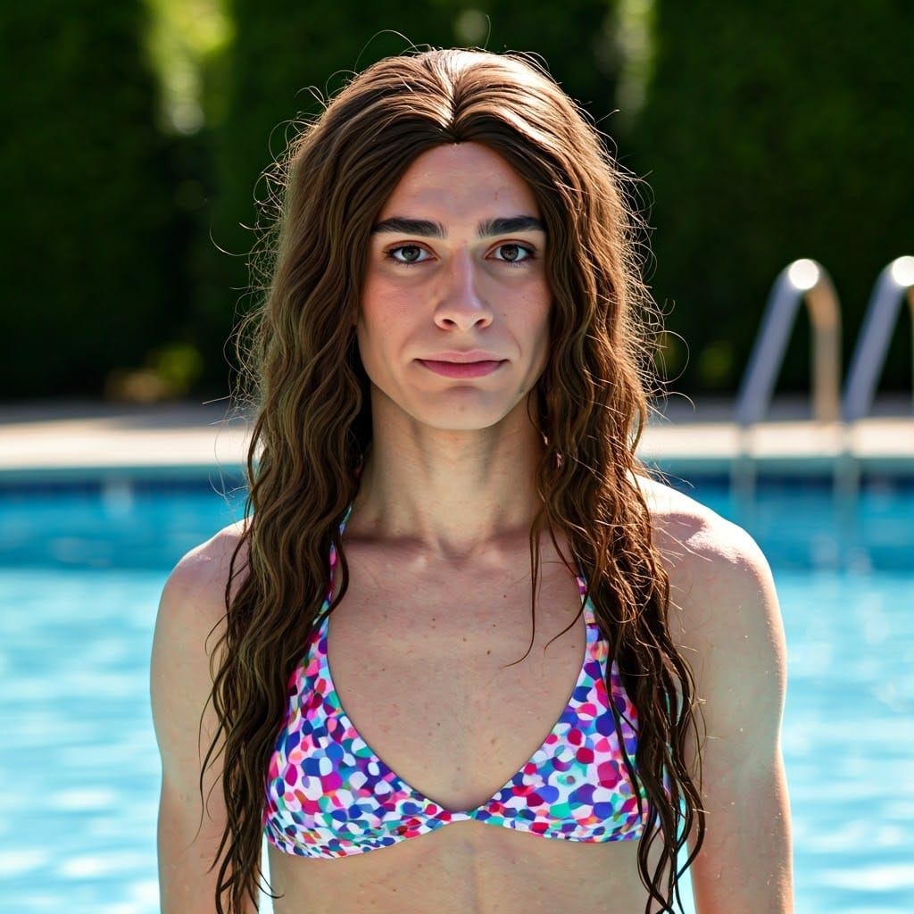 Confident Young Man Crossdressing in Vibrant Swimsuit with F...