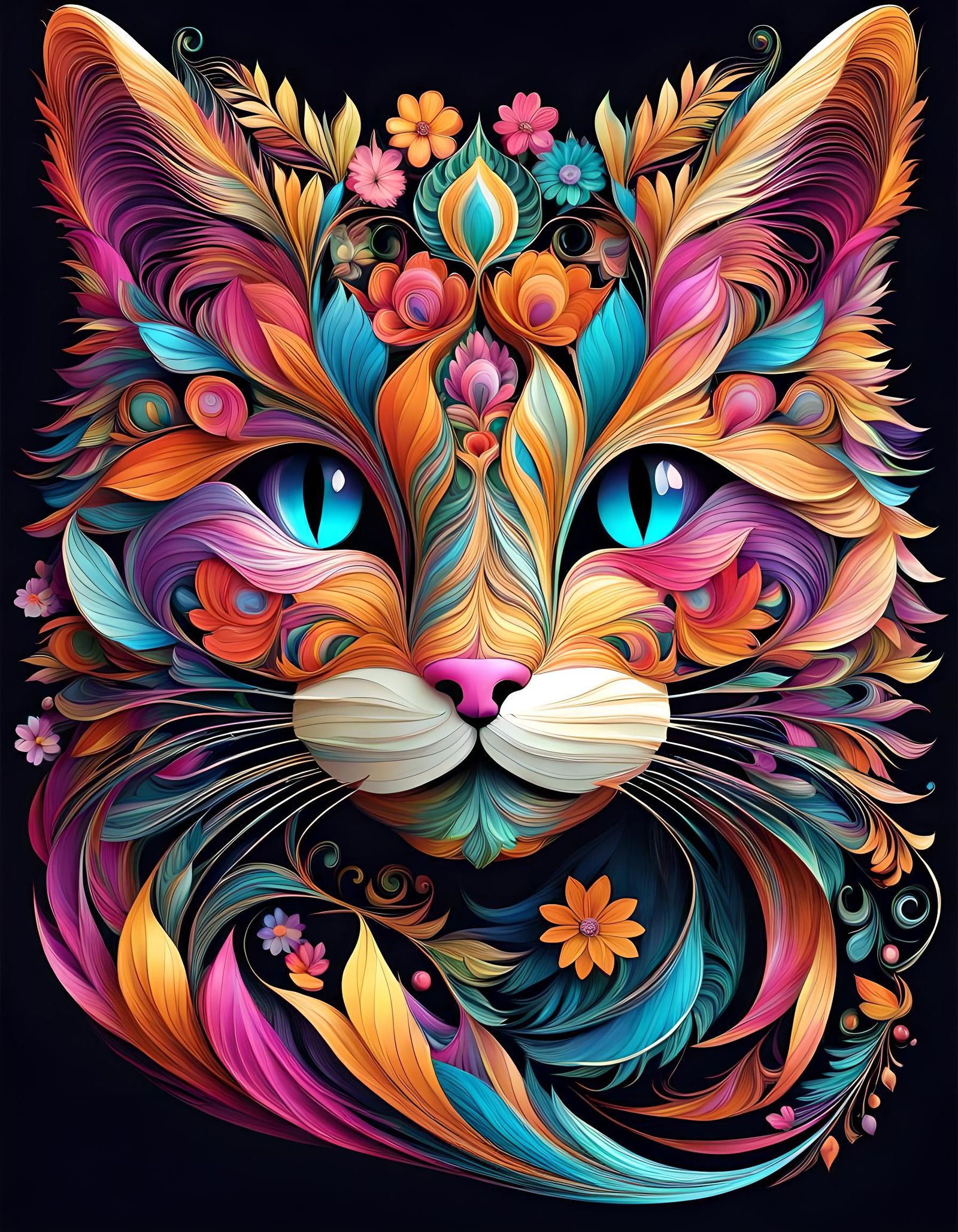 Abstract Floral Cat in Vector Fractal Style