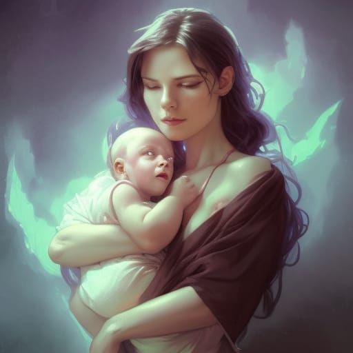 Witch and Baby Portrait in Art Nouveau Style