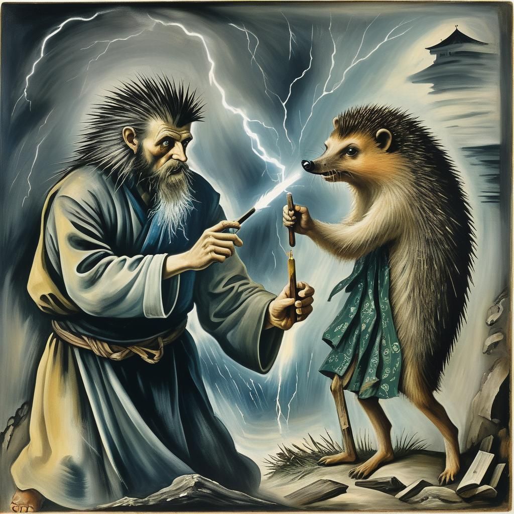 Hedgehog, Mezuzah, and Lightning in Expressionist Style