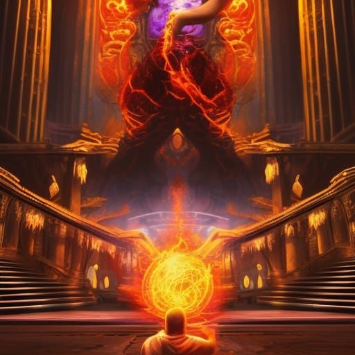 Lovecraftian Warlock Casting Spell in Fiery Temple