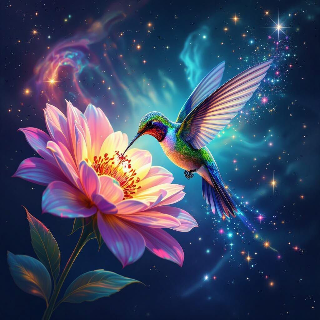 Celestial Hummingbird Sipping Nectar from Cosmic Flower