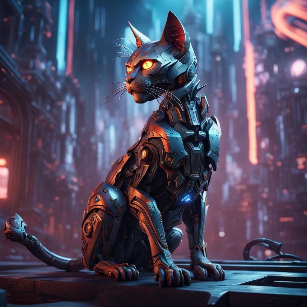 Detailed Cyber Cat in a Cyberpunk Style