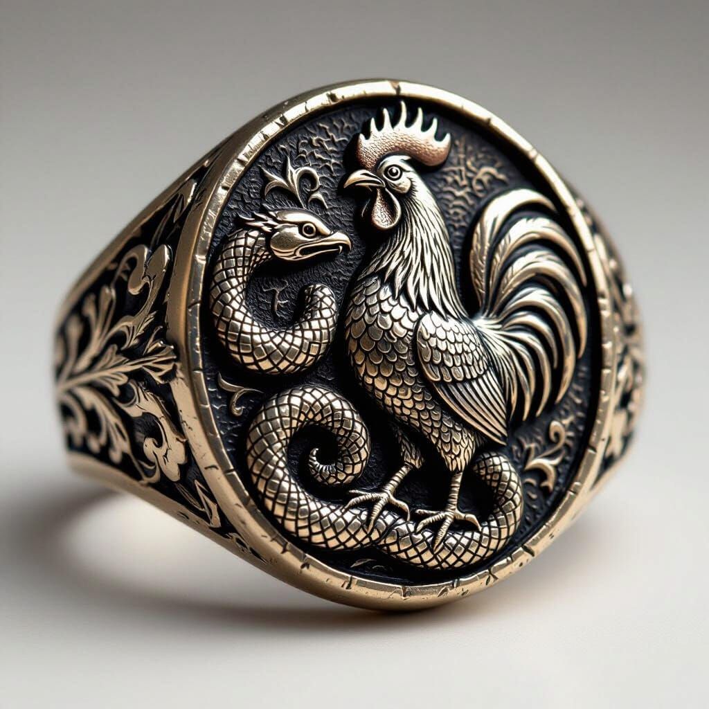 Intricate Serpent and Rooster Signet Ring Design