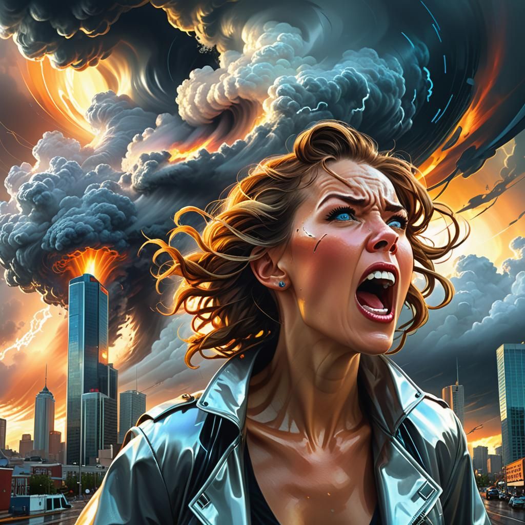 Cyberpunk Woman Screams as Hurricane Approaches City